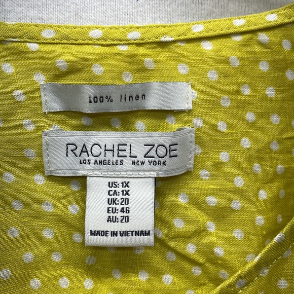 Rachel Zoe Womens 1X Linen Button Down Yellow White Polka Dot Blouse Casual Fun - Picture 14 of 14